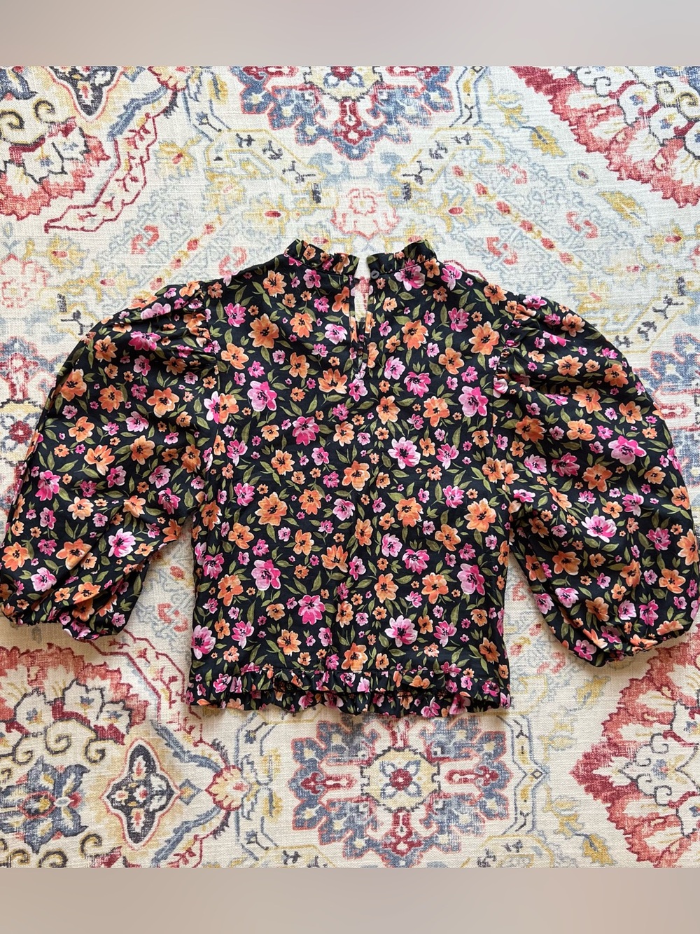 Black Ditsy Floral Smocked Balloon Sleeve Blouse Cottagecore Prairie Size XS